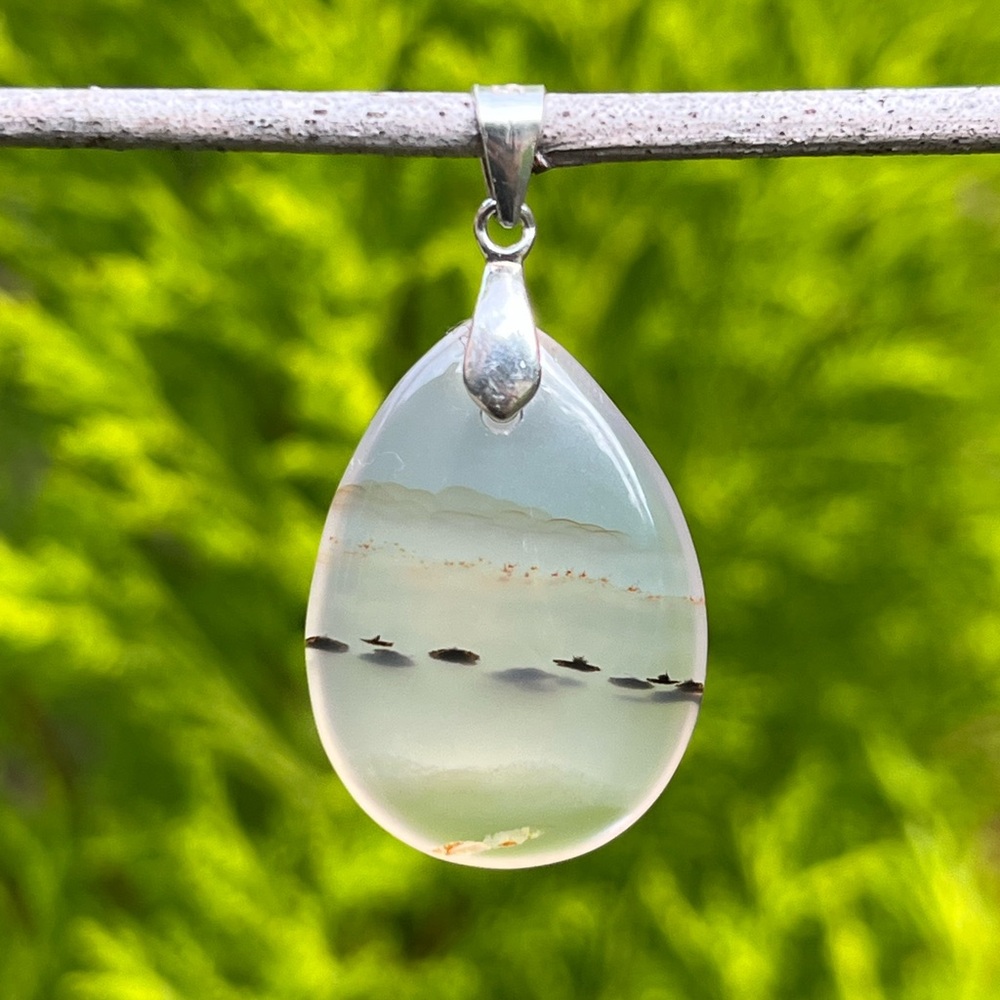 Sterling silver dainty teardrop dendritic scenery agate pendant 0078